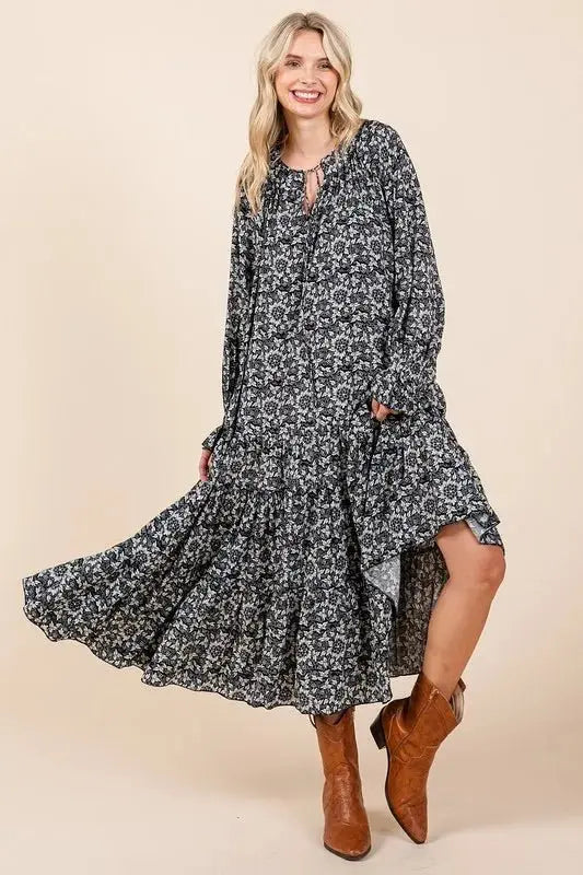Mittoshop Printed Tie Neck Flounce Sleeve Midi Dress for Women - Love Salve